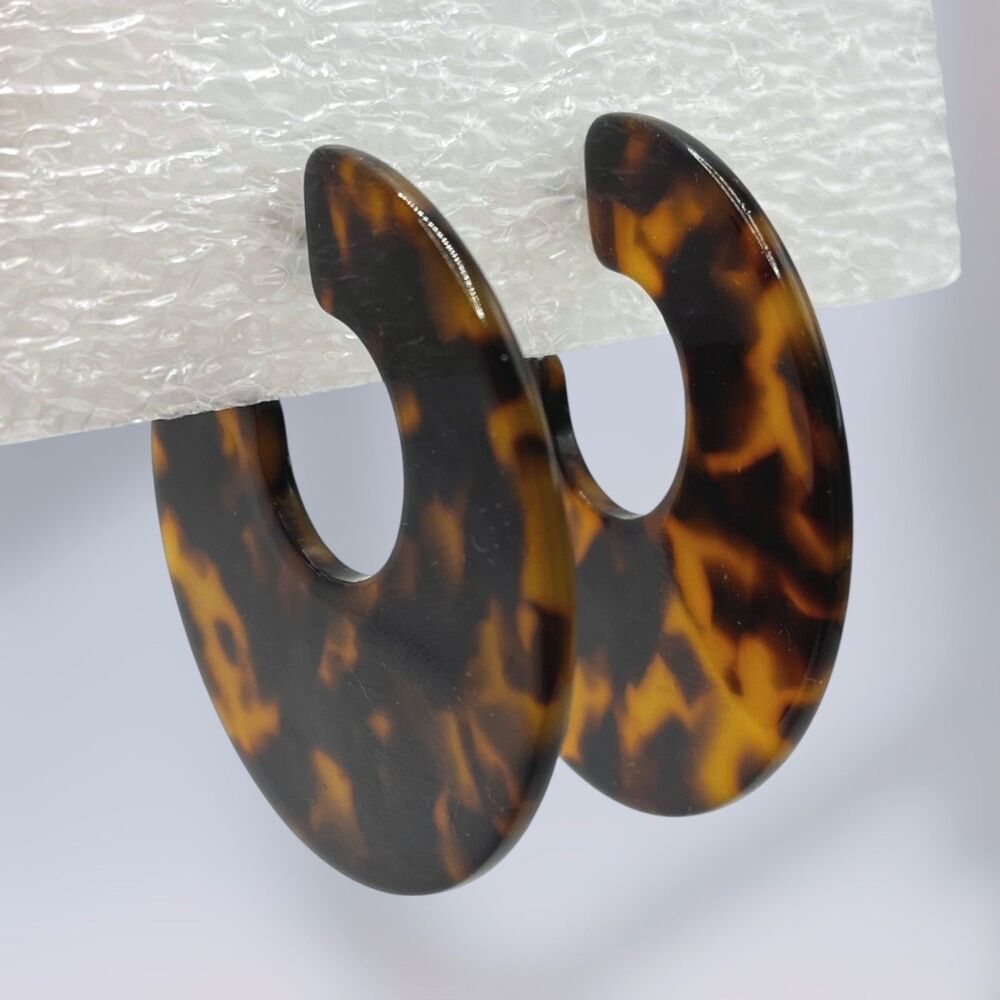 Tortoise Shell Print Acrylic Hoop Earrings Large Statement Boho Hippie Festival - Picture 7 of 7